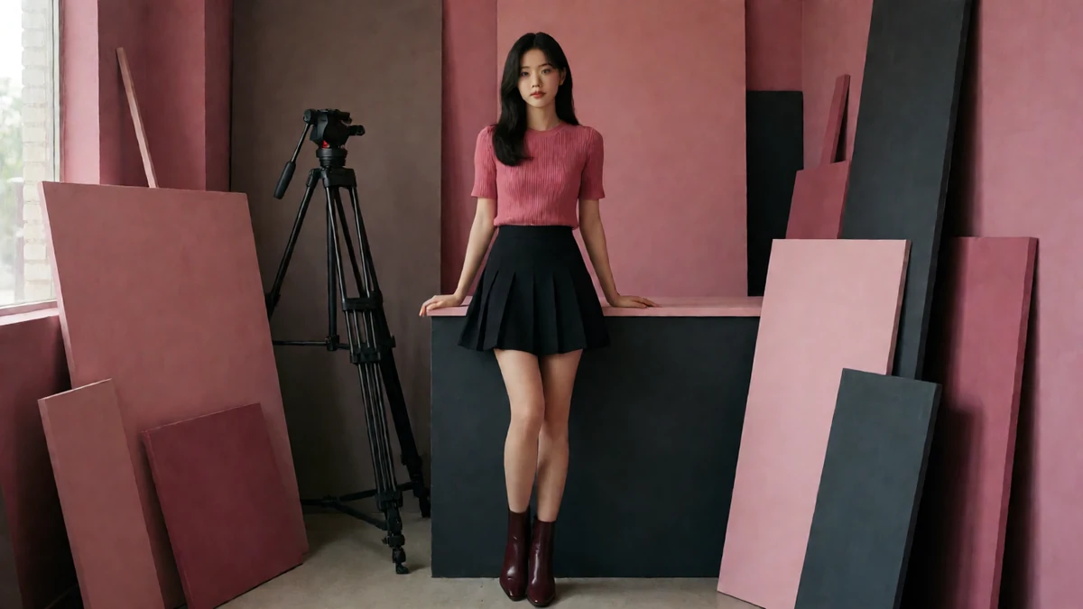 热门女优主题图：成年女郎穿粉色上衣与黑裙站在粉色影棚